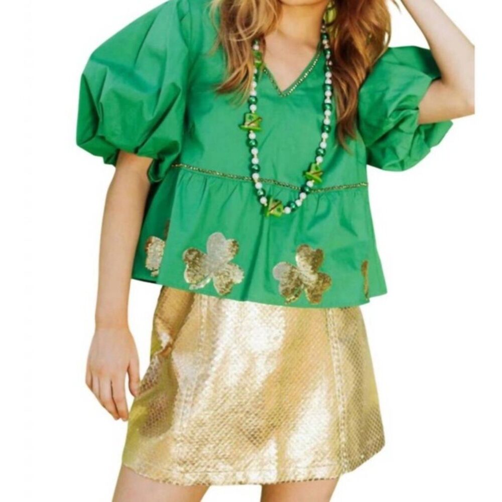Queen of Sparkles Green Shamrock Peplum Top - Small
